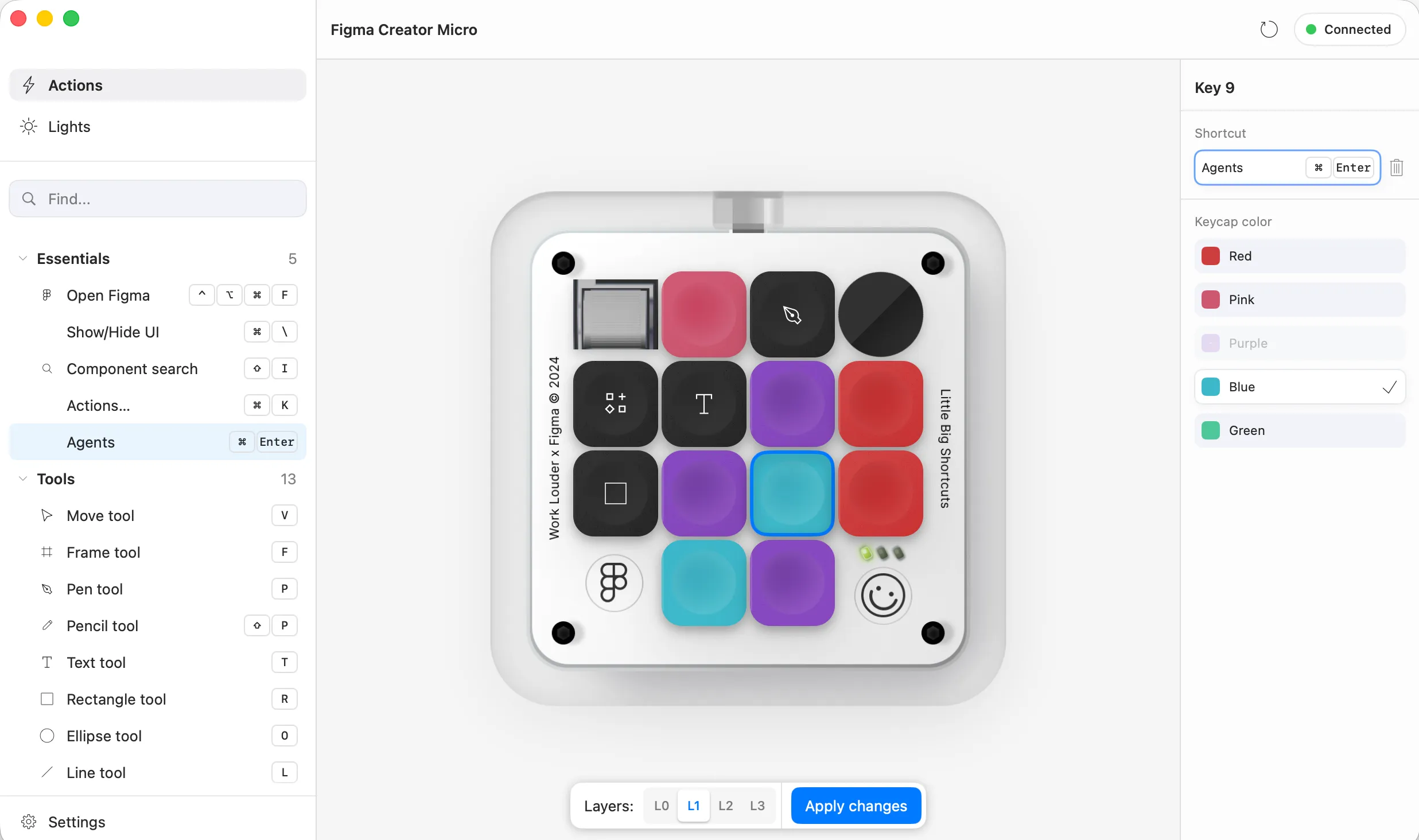MicroMap Actions screen with Figma commands, hardware preview, layers, and keycap settings